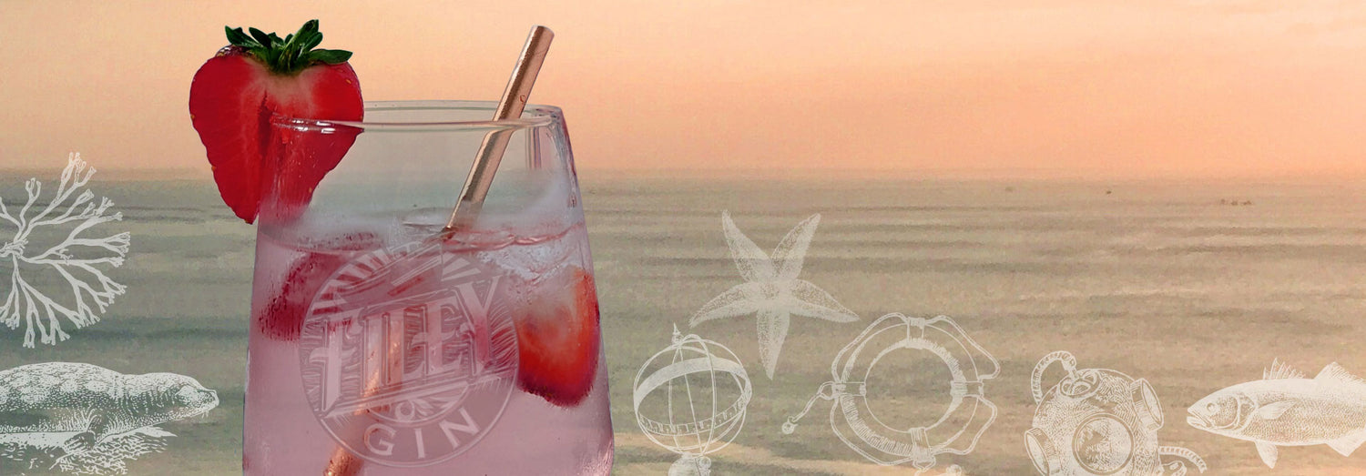Glass of Filey Gin's Coastal Pink Gin with Strawberry Garnish